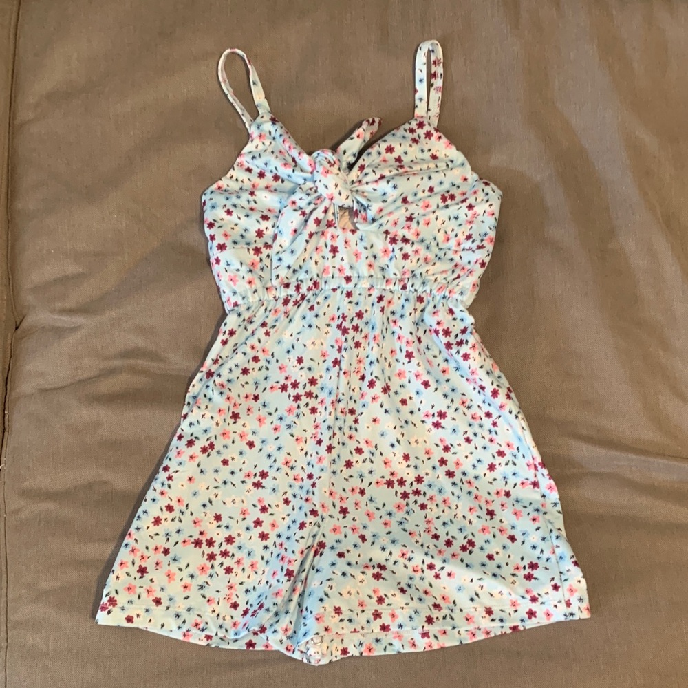 Girls Floral Tie-Front Romper - White with Pink & Blue Flowers